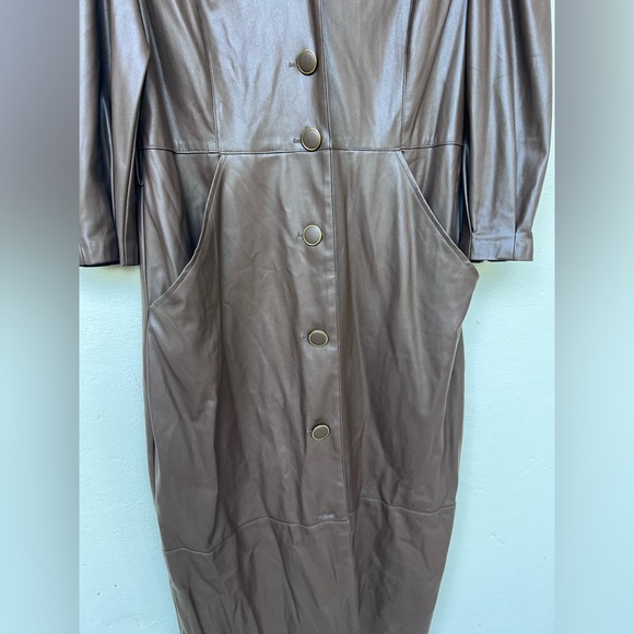 Chocolate Brown Faux Leather Button Dress/ Coat Softest Feel Slight Puff Sleeves - Picture 11 of 14
